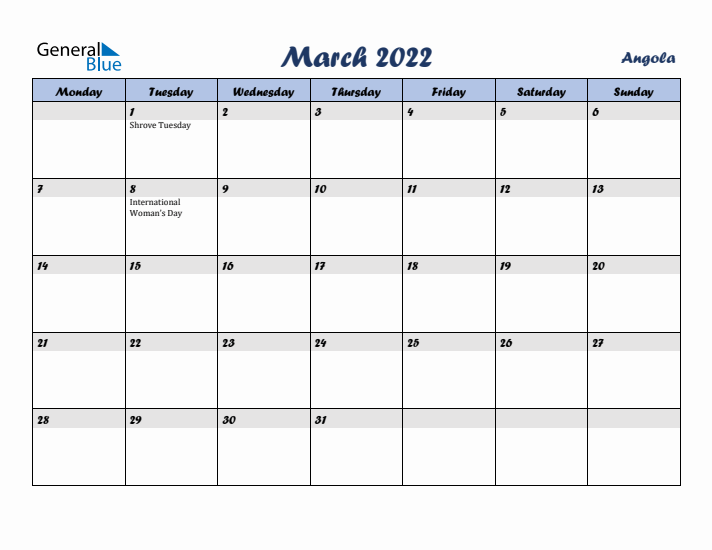 March 2022 Calendar with Holidays in Angola