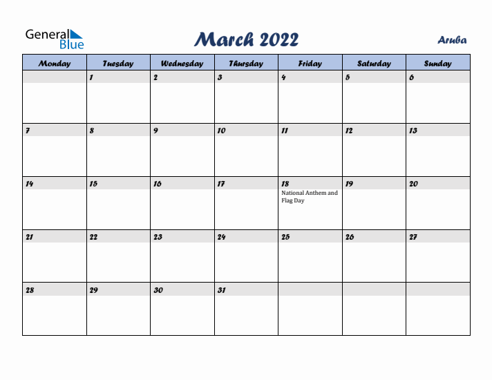 March 2022 Calendar with Holidays in Aruba