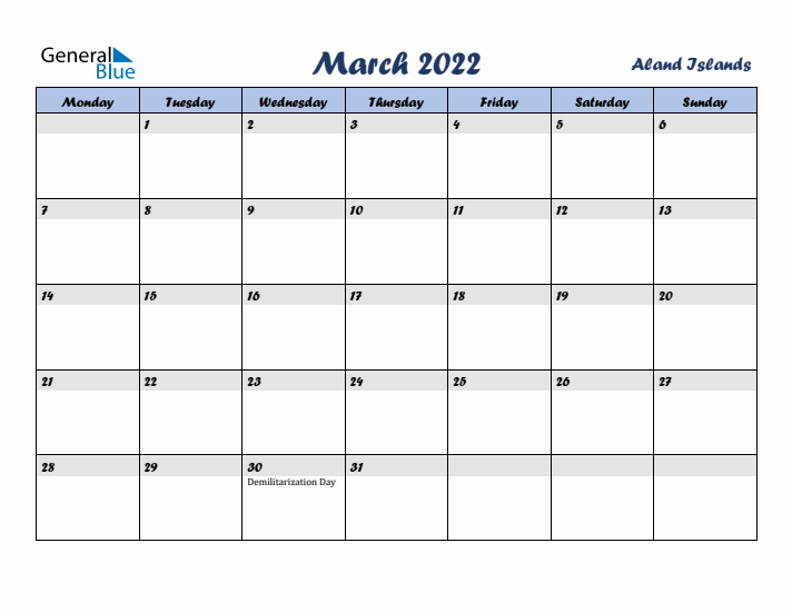 March 2022 Calendar with Holidays in Aland Islands
