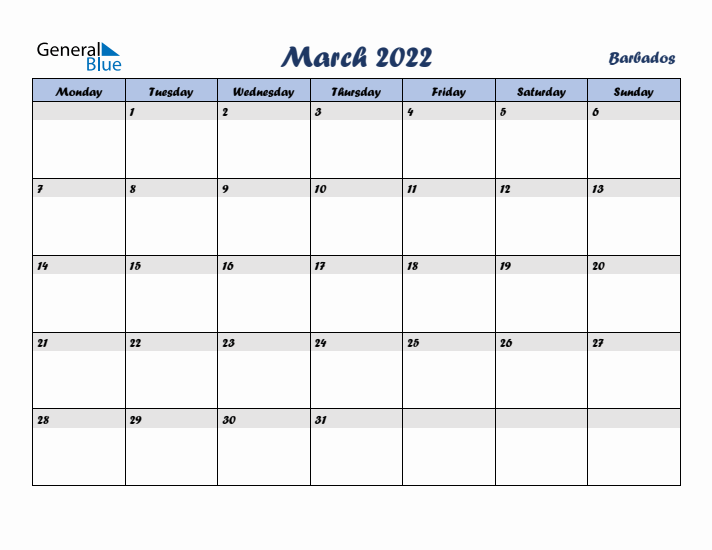March 2022 Calendar with Holidays in Barbados