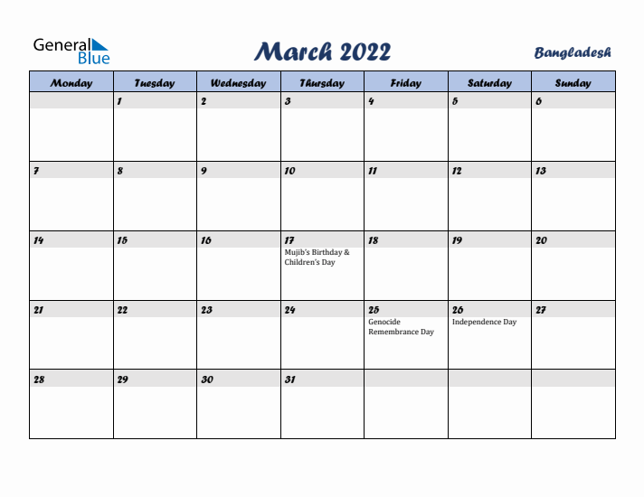 March 2022 Calendar with Holidays in Bangladesh