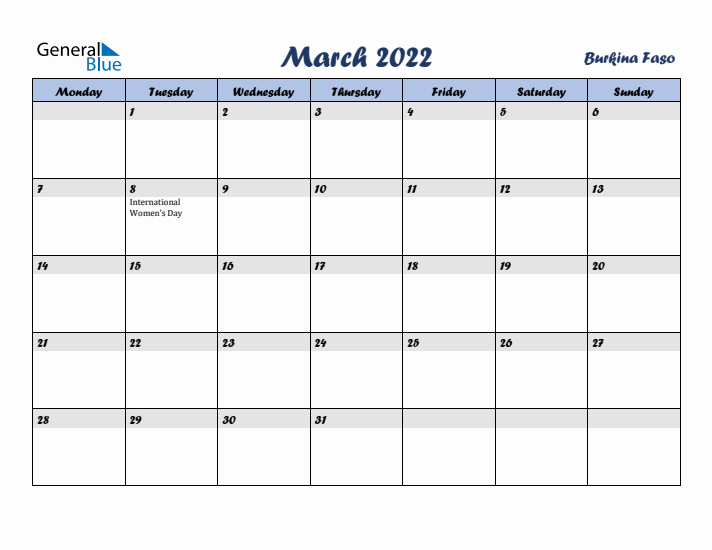 March 2022 Calendar with Holidays in Burkina Faso