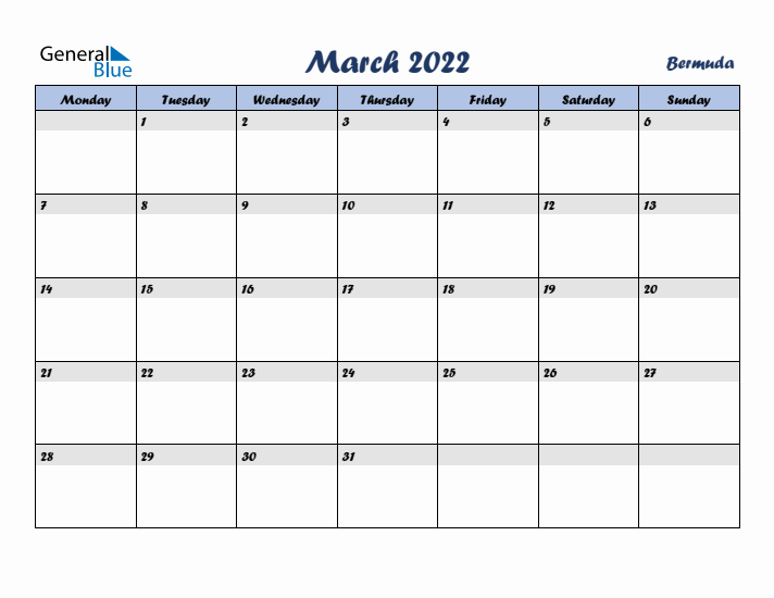 March 2022 Calendar with Holidays in Bermuda