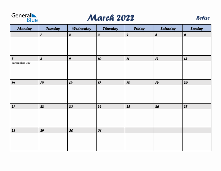 March 2022 Calendar with Holidays in Belize