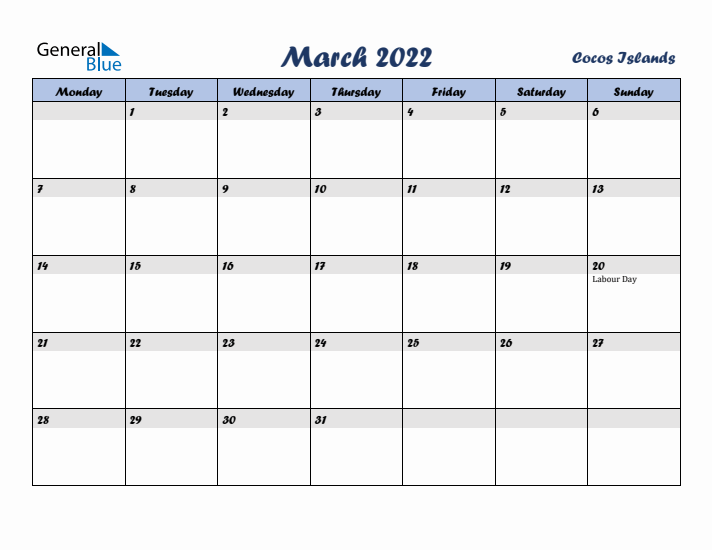 March 2022 Calendar with Holidays in Cocos Islands
