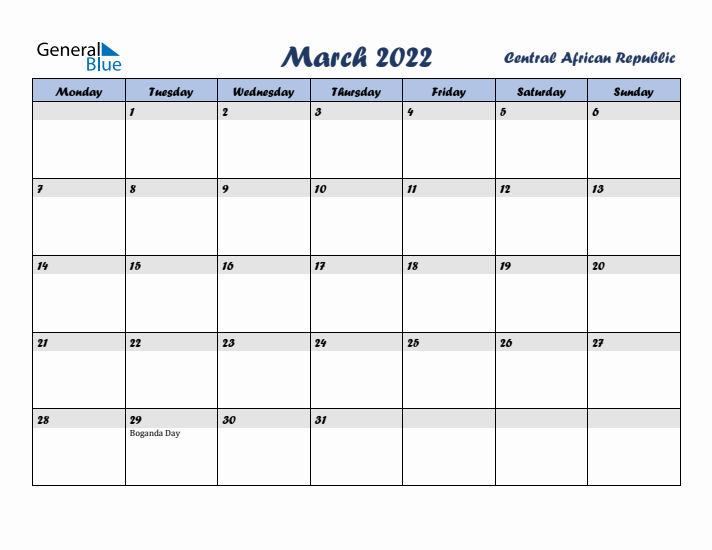 March 2022 Calendar with Holidays in Central African Republic