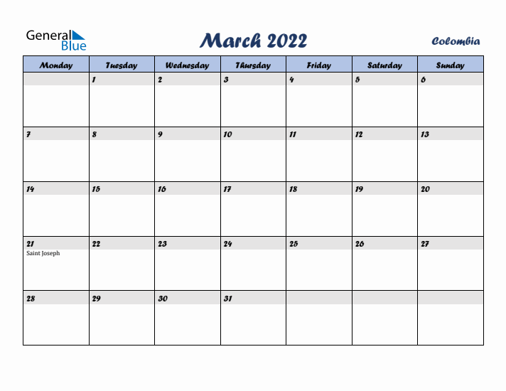 March 2022 Calendar with Holidays in Colombia