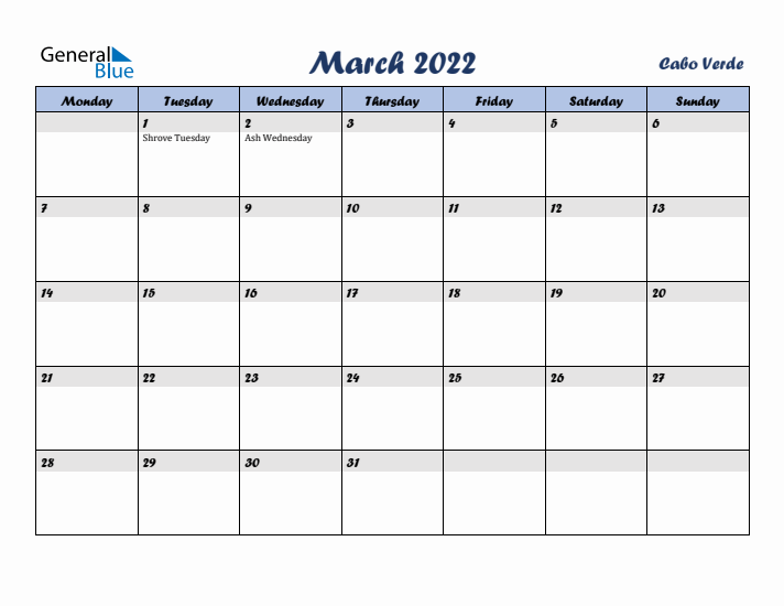 March 2022 Calendar with Holidays in Cabo Verde