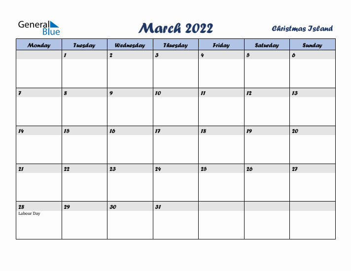 March 2022 Calendar with Holidays in Christmas Island