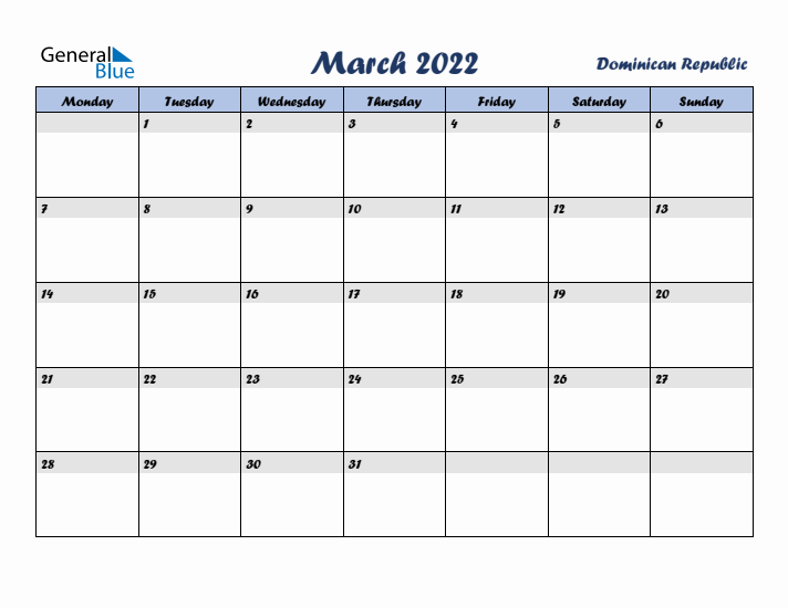 March 2022 Calendar with Holidays in Dominican Republic
