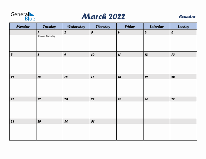 March 2022 Calendar with Holidays in Ecuador