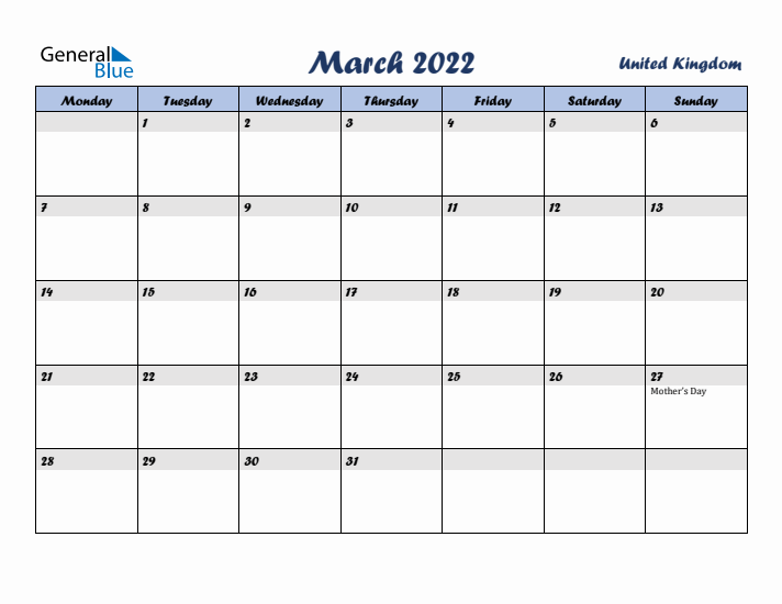 March 2022 Calendar with Holidays in United Kingdom