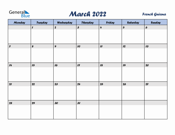March 2022 Calendar with Holidays in French Guiana