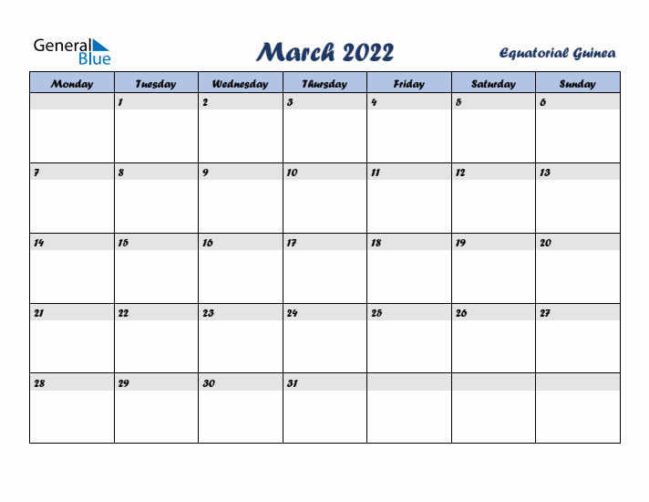 March 2022 Calendar with Holidays in Equatorial Guinea