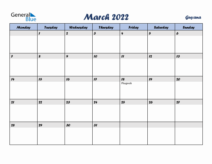 March 2022 Calendar with Holidays in Guyana