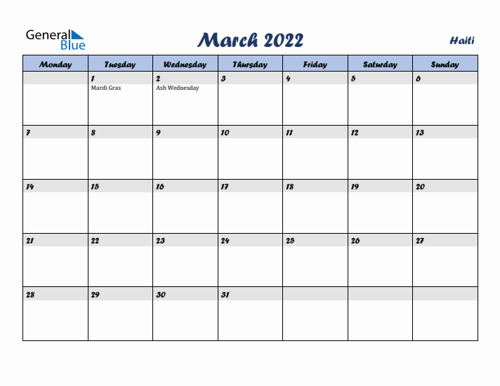 March 2022 Calendar with Holidays in Haiti