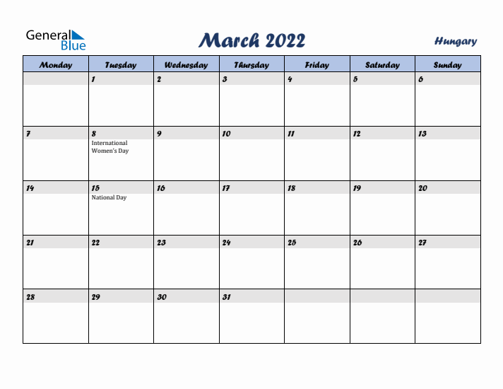 March 2022 Calendar with Holidays in Hungary