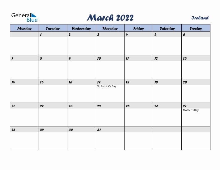 March 2022 Calendar with Holidays in Ireland
