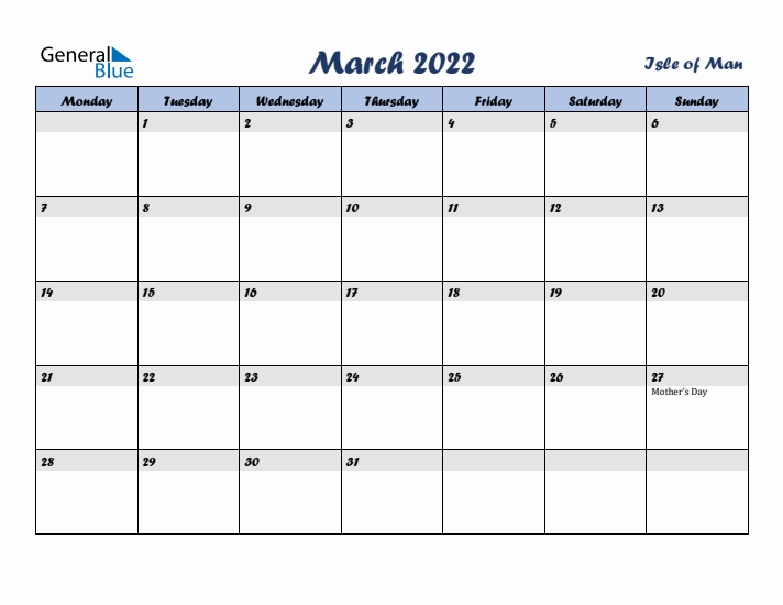 March 2022 Calendar with Holidays in Isle of Man