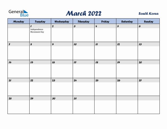 March 2022 Calendar with Holidays in South Korea