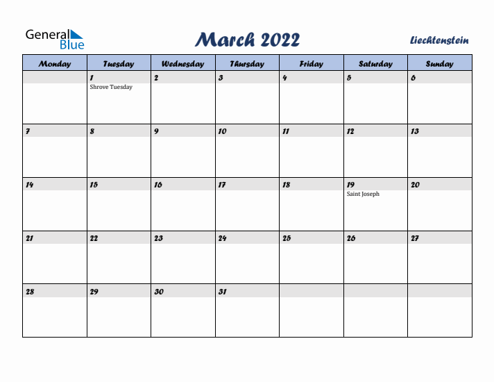 March 2022 Calendar with Holidays in Liechtenstein