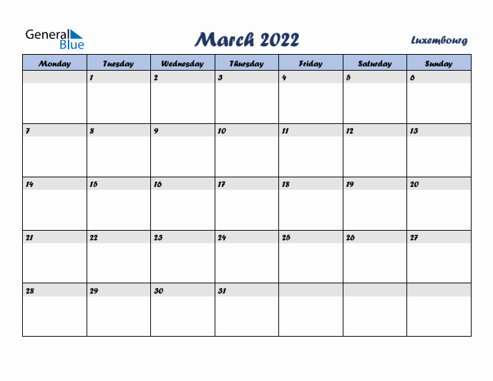 March 2022 Calendar with Holidays in Luxembourg