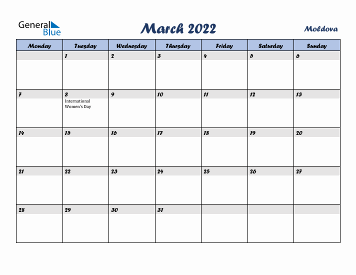 March 2022 Calendar with Holidays in Moldova