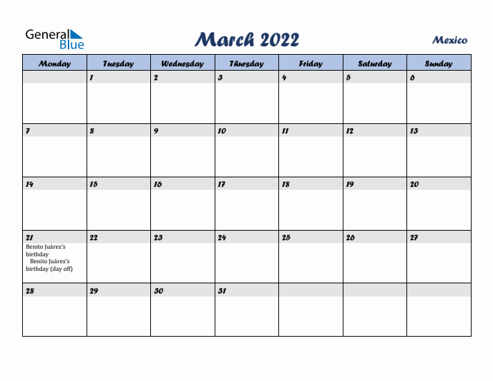March 2022 Calendar with Holidays in Mexico