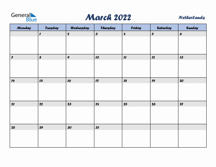 March 2022 Calendar with Holidays in The Netherlands