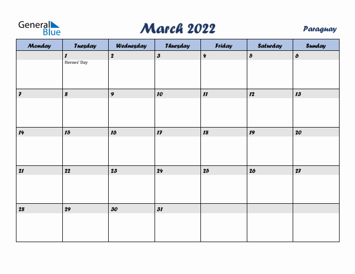 March 2022 Calendar with Holidays in Paraguay