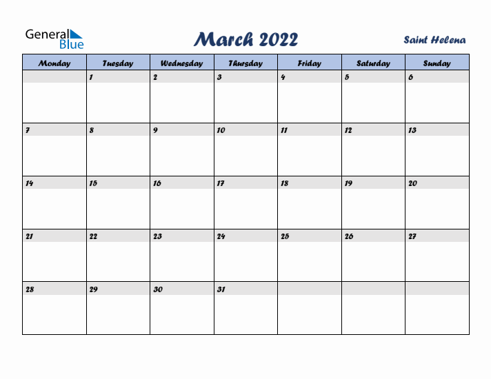 March 2022 Calendar with Holidays in Saint Helena