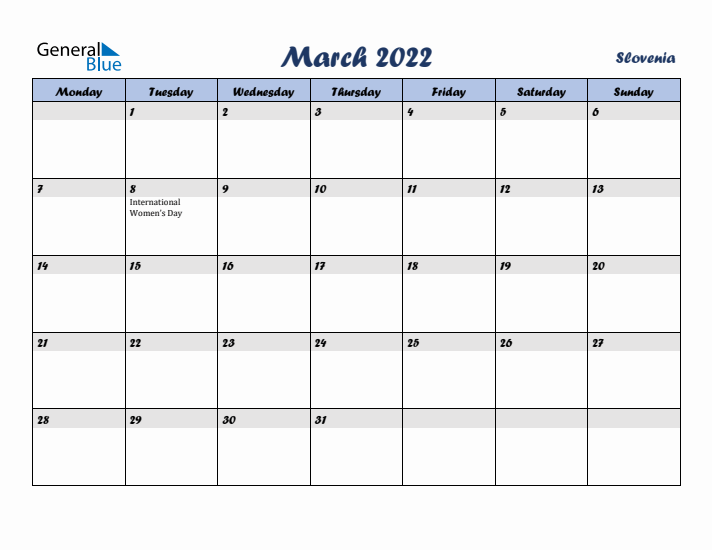 March 2022 Calendar with Holidays in Slovenia