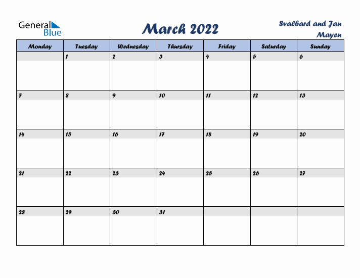 March 2022 Calendar with Holidays in Svalbard and Jan Mayen