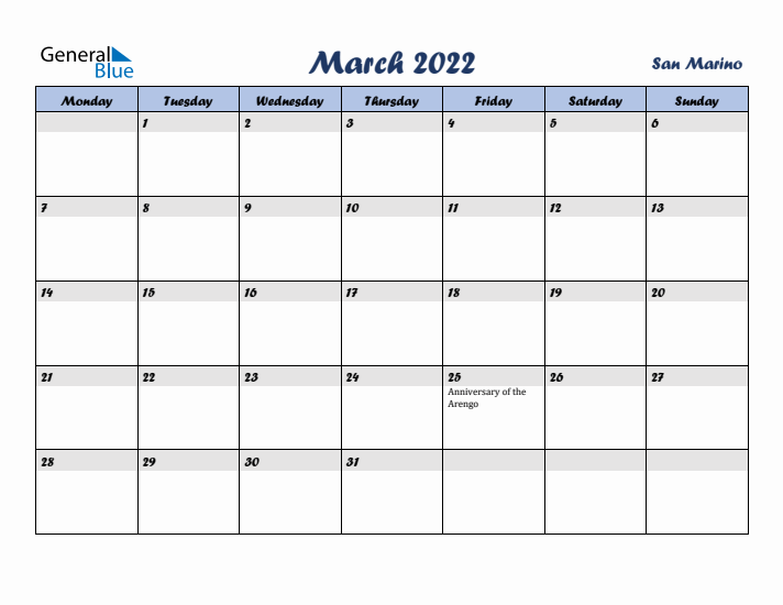 March 2022 Calendar with Holidays in San Marino