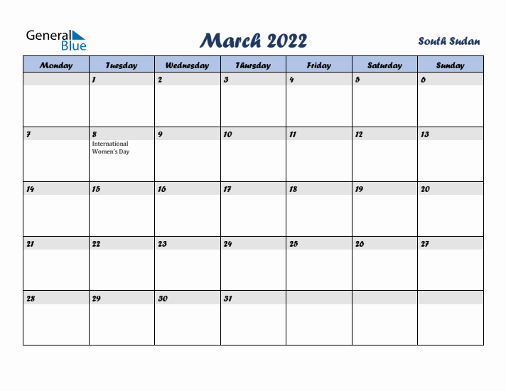March 2022 Calendar with Holidays in South Sudan