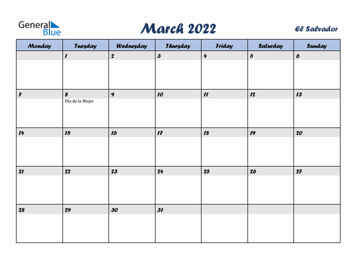 March 2022 Calendar with Holidays in El Salvador