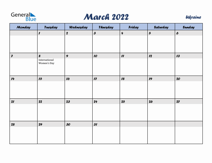 March 2022 Calendar with Holidays in Ukraine