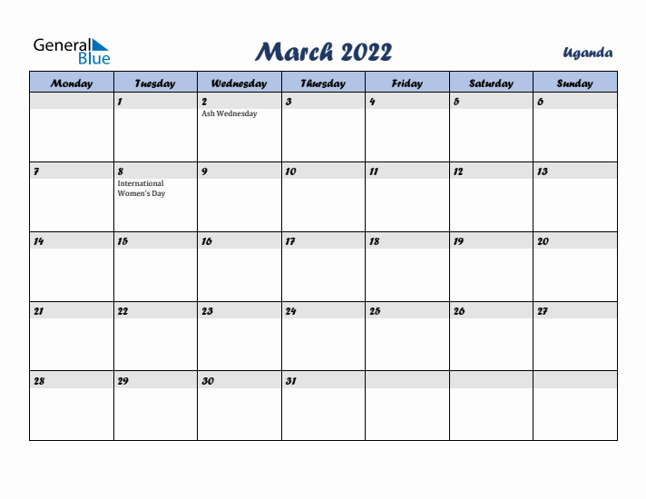 March 2022 Calendar with Holidays in Uganda
