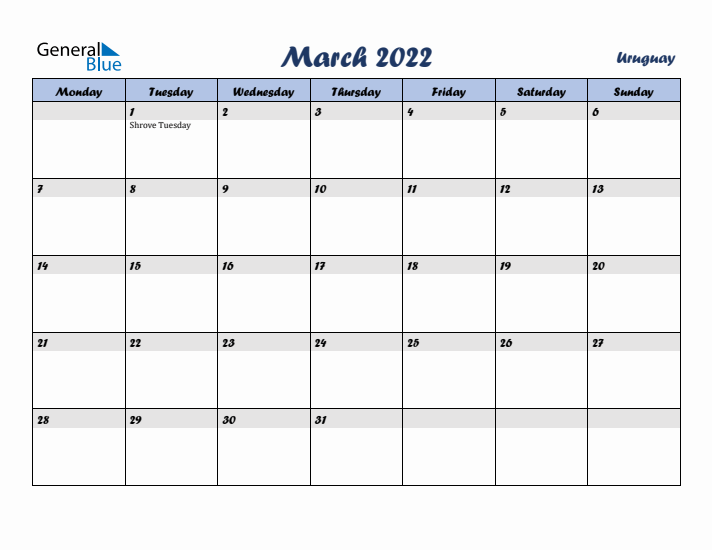 March 2022 Calendar with Holidays in Uruguay