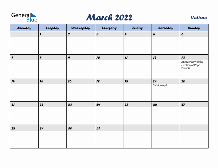 March 2022 Calendar with Holidays in Vatican