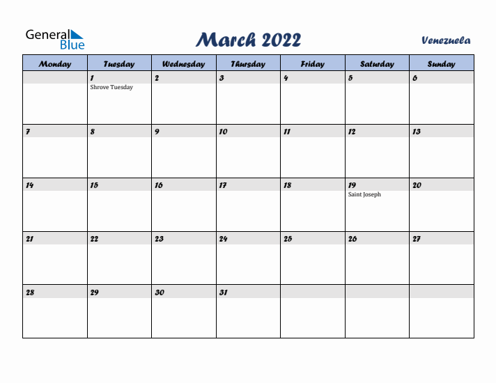 March 2022 Calendar with Holidays in Venezuela