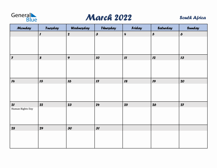 March 2022 Calendar with Holidays in South Africa