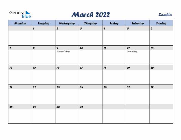 March 2022 Calendar with Holidays in Zambia