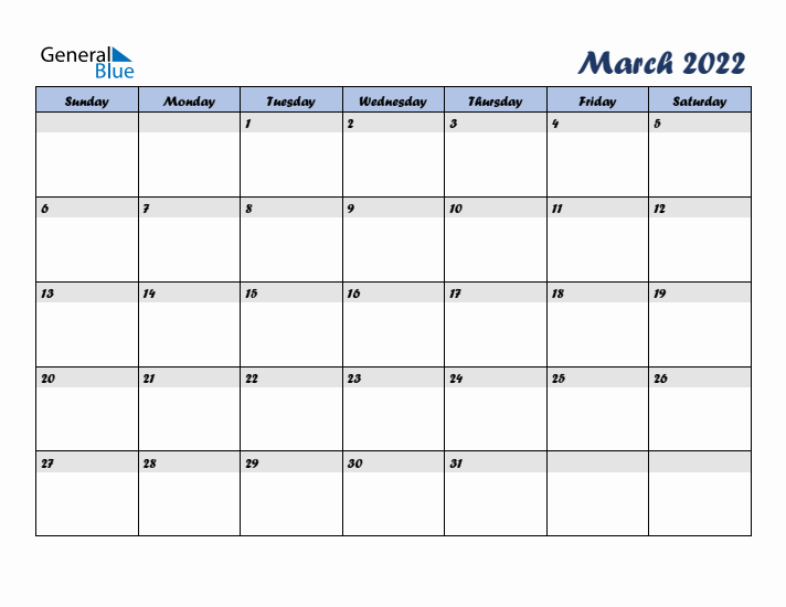 March 2022 Blue Calendar (Sunday Start)