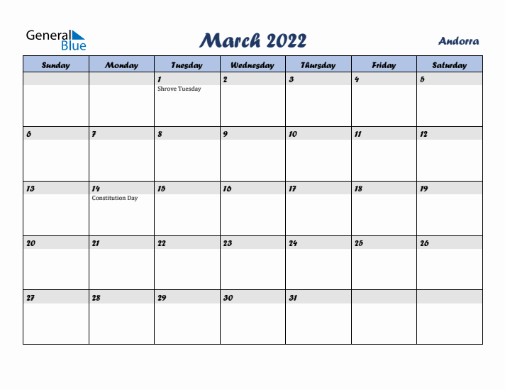 March 2022 Calendar with Holidays in Andorra