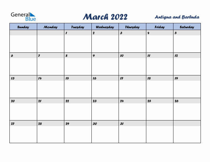 March 2022 Calendar with Holidays in Antigua and Barbuda