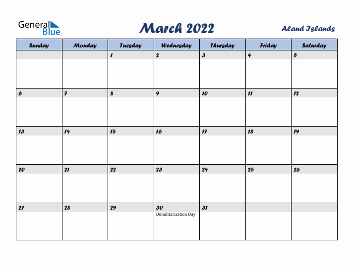 March 2022 Calendar with Holidays in Aland Islands