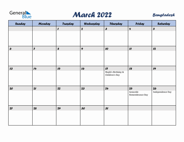 March 2022 Calendar with Holidays in Bangladesh
