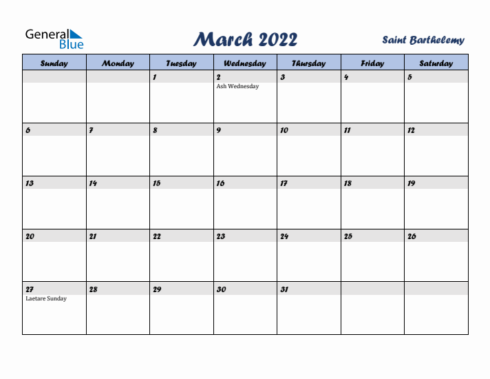 March 2022 Calendar with Holidays in Saint Barthelemy