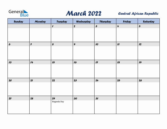 March 2022 Calendar with Holidays in Central African Republic